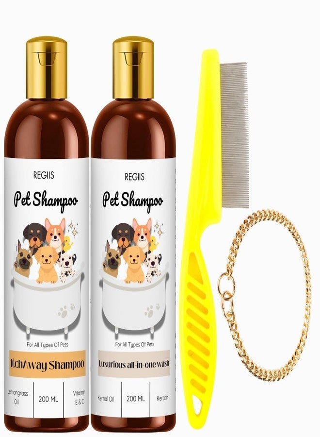 مجموعة شامبو الحيوانات الأليفة من ريجيس، مجموعة العناية بالكلاب مع مزيل الحكة وغسول فاخر شامل، زجاجات سعة 200 مل، تتضمن مشطًا للبراغيث وطوقًا بسلسلة (عبوة من 4 قطع) - Image 1